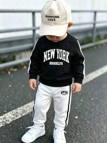 Young Boy Letter Print Crew Neck Long Sleeve Top And Pants - Black - View 1