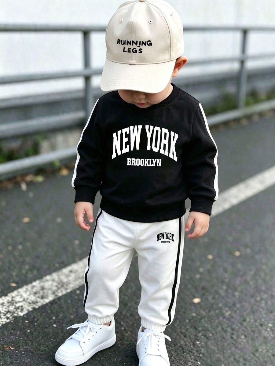 Young Boy Letter Print Crew Neck Long Sleeve Top And Pants - Black - View 1