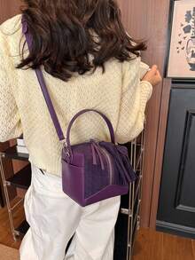 New Mini Purple Faux Suede Women's Handbag: Stylish Square Bag With Fringe Accents, Y2K-Style Shoulder Bag For Storing Phones And Change - Purple - View 5