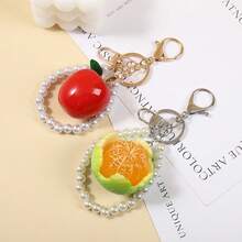 1pc Resin Apple Orange Keychain With Faux Pearl, Y2K Aesthetic Fruit Bag Charm For Purse Car Keys, Gift For Teens - Multicolor - View 3