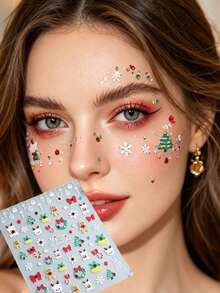 1pc Christmas Holiday Face Sticker Set With Tweezers, Classic Red & Green Christmas Element Face Stickers With Adhesive Backing, Gingerbread Man, Deer, Christmas Tree, Christmas Wreath With Snowflakes And Bows, Suitable For Christmas Market - Multicolor - View 2