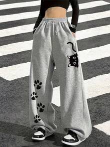 Women's Grey Cozy Thermal Lined Joggers With Paw Print Design And Drawstring Winter - Grey - View 1
