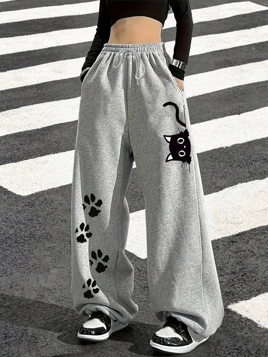 Women's Grey Cozy Thermal Lined Joggers With Paw Print Design And Drawstring Winter - Grey - View 1