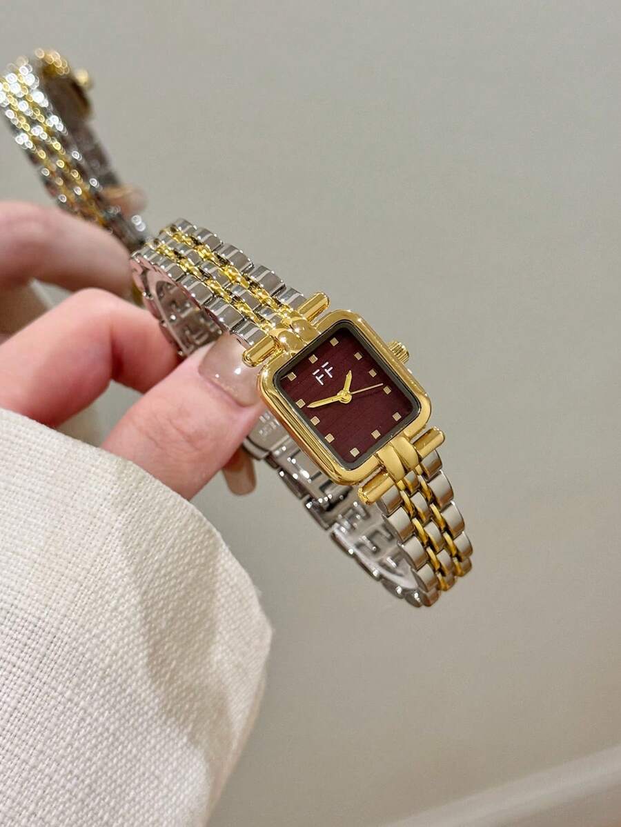 女款雙色金銀石英手錶,方形深紅色錶盤,極簡刻度,時尚優雅,適合日常佩戴 - 銀間金 - 查看 1