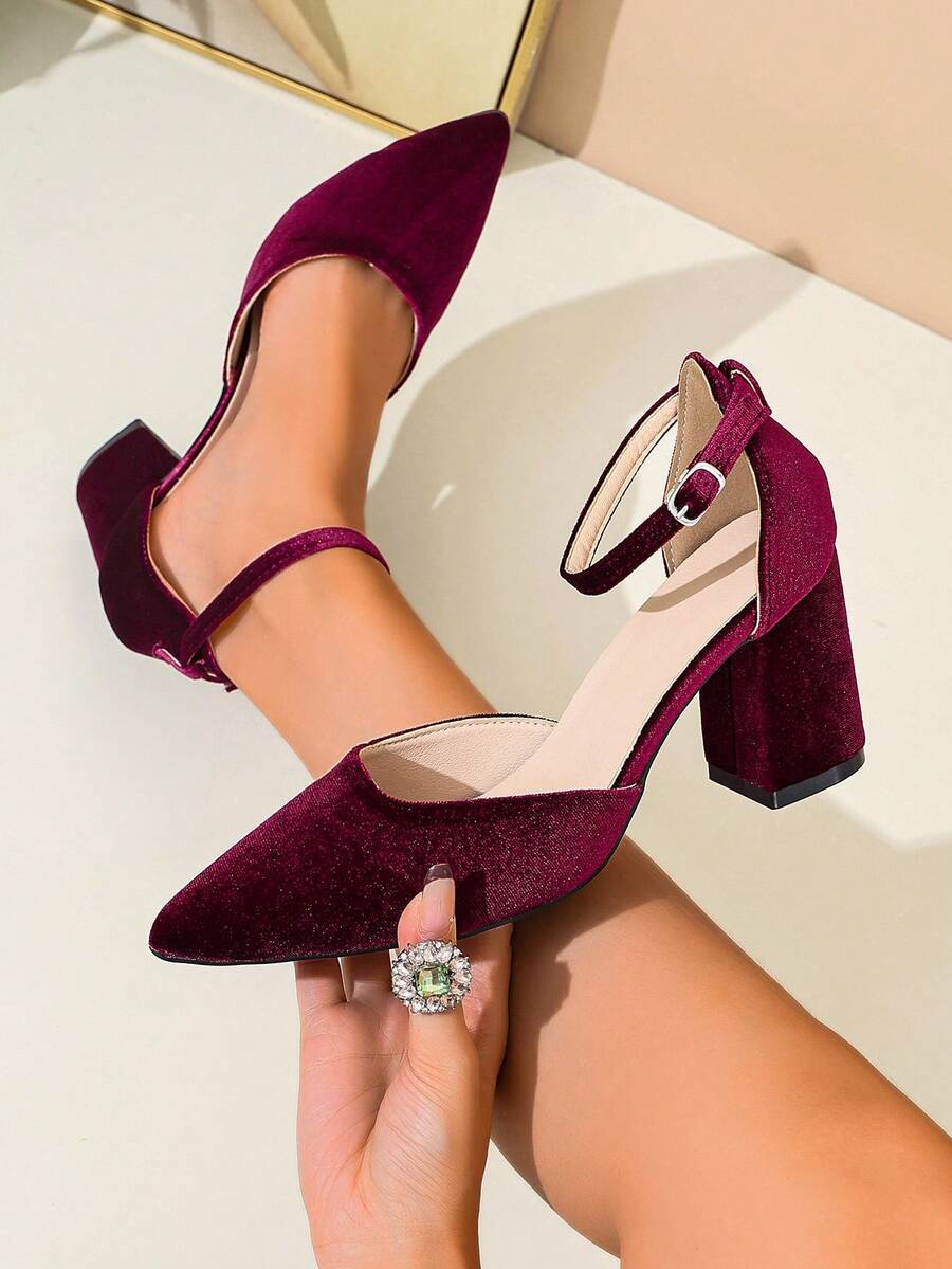 New French Style Burgundy Pointed Toe High Heels, Single Strap Hollow Low Vamp, Fashionable Choice, Versatile - Burgundy - View 1
