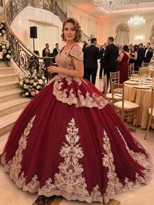 Light Luxury Burgundy & Gold Lace Off-Shoulder Puff Dress, Adult Party Dress, Birthday Party, Graduation Prom, Formal Evening Gown - Burgundy - View 2