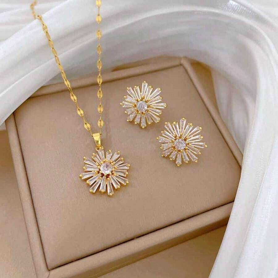 1 Set Stainless Steel Chain Zirconia Sunflower Pendant Women's Fashion Necklace & Earrings Jewelry Set, Gift Accessory - Gold - View 1