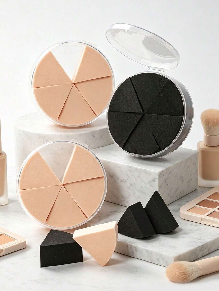 Triangular Wedge Makeup Sponge Puff, 2-In-1 Skin & Sponge Surface Makeup Puff Set With Storage Box, Soft Sponge Suitable For Foundation & Concealer, Women's Makeup Tool - Multicolor - View 1