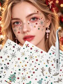 2/3 Sheets Christmas Atmosphere Face Gem Decoration Sticker, Self-Adhesive, Christmas Tree, Snowflakes, Antlers, Star, Multi-Element Patterns, Suitable For Christmas Party, Rave, Portrait Photography, Stage Makeup Face Decoration - Multicolor - View 9