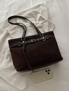 1pc Coffee Brown Large Capacity Faux Suede Tote Bag Women's Shoulder Bag - Coffee Brown - View 4