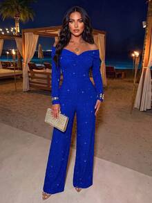 AIJ Women's Royal Blue Knitted One-Shoulder Long Sleeve Jumpsuit, Twisted Ruched Detail, Elastic Slim Fit Long Length Elegant Dress, Suitable For Party, Banquet, Formal Holiday Occasions, Christmas - Royal Blue - View 8