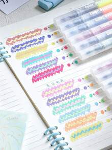 6PCs Dual-Tip Dual-Color Fluorescent Pens, Triangular Easy-Grip Barrel, Smooth Writing, Large Ink Capacity, Suitable For Highlighting, Note-Taking, Journal Decoration, Daily Study, Office Work. - Double-ended Dual-color Highlighter - View 7