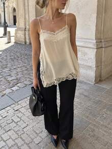Lace Tank Tops For Women Backless Lace Cami Top Vest V-Neck Fit Camisole Side Slit Loose Top Sleeveless Crop Tops For Going Out - Beige - View 4