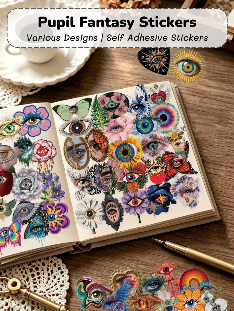50Pcs Transparent PET Stickers, Creative Niche Artistic Eye Designs. Suitable For Water Bottles, Scrapbooks, Skateboards, Notebooks, Luggage, Guitars. Great For DIY Decor & Holiday Party Gifts. - one-size - View 1