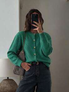 Áo cardigan len dệt kim màu xanh lá tay dài cài cúc cho nữ, phong cách vintage, món đồ mùa đông giữ ấm thiết yếu - màu xanh lá - Xem 3