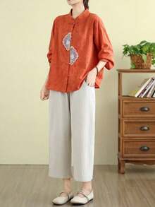 Women's Chinese Style Embroidered Frog Button Jacquard Linen Shirt, Stand Collar Rolled Sleeve 3/4 Sleeve Loose Fit Blouse - Orange - View 5