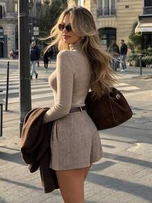 DONICY Women Summer Fall Oatmeal Turtleneck Long Sleeve Top, Stretchy Slim Fit Cropped Knit Base Layer Tee For Daily Office Layering Outfits - Khaki - View 2