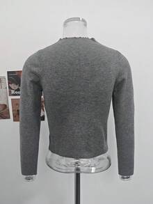 Korean Sexy Style Round Neck Short Curved Hem Slim Fit Long Sleeve Top Women Autumn/Winter Elastic Slim Fit Slimming Versatile Inner Layer Base Layer Knit Sweater - Grey - View 7