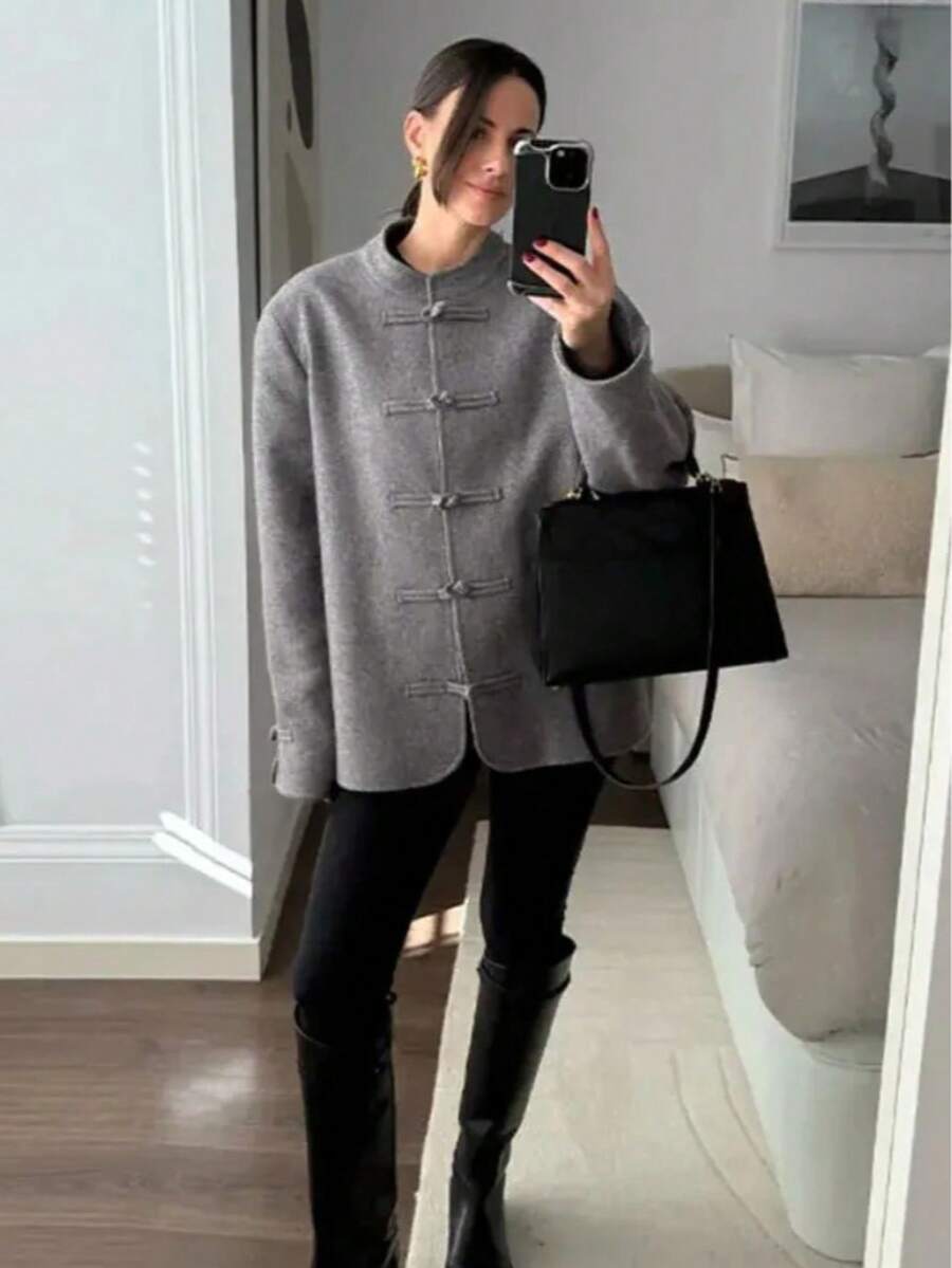 SMILE CHIC Autumn/Winter Minimalist Daily Vintage Commute Front Placket Straight Chinese Frog Button Cuffs Slit Frog Button Women's Overcoat Casual Versatile - Grey - View 1