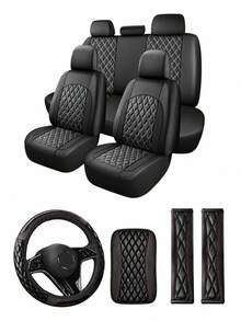 4/8/13pcs Double Stitch Quilted PU Leather Car Seat Covers, Includes Leather Steering Wheel Cover, Armrest Pad And Shoulder Pad, Car Interior Accessories - Multicolor - View 15