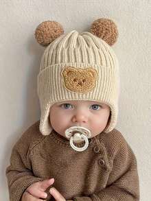 1pc Cute Bear Ear Protection Knitted Baby Hat, Winter Outdoor Style, Thickened Warm Knitted Knitted Hat, Flip Earflap Design, With Pom Pom, Comfortable Soft Elastic Hat - 1PC - View 15