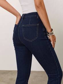 Women's European And American Style Slim Fit Flared Jeans, Long Leg-Lengthening Fashionable Daily Vintage Flare Denim Pants - Dark Wash - View 4