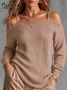 Plus Size Women Fall Winter Spaghetti Strap Cold Shoulder Knit Sweater, Long Sleeve Pullover For Commute Date & Daily Outing - Mocha Brown - View 1