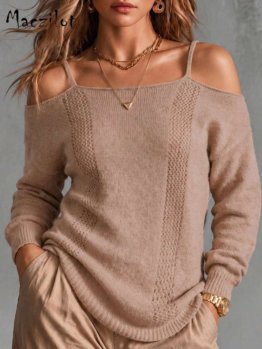 Plus Size Women Fall Winter Spaghetti Strap Cold Shoulder Knit Sweater, Long Sleeve Pullover For Commute Date & Daily Outing - Mocha Brown - View 1