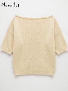 Women's Plus Size Soft Fluffy Cold Shoulder Knit Top, Short Sleeve Textured Sweater, Autumn Office Casual Slim Fit Fashion Outfit - Khaki - View 6
