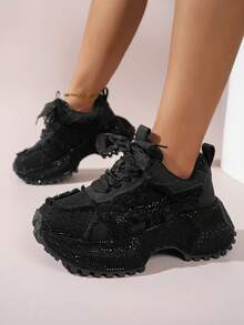 Women's Sports Shoes, Shiny Rhinestone Thick Sole Height-Increasing Lace-Up Casual Shoes, Suitable For Daily Wear In Autumn/Winter - Black - View 2