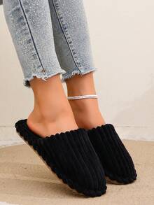 1 Pair Unisex Couple Striped Plush Closed-Toe Slippers, Warm Indoor Fuzzy House Shoes For Autumn/Winter - Black - View 6