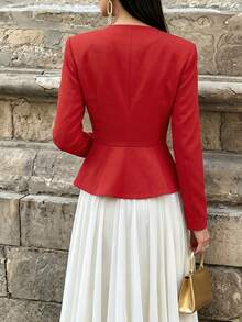 Women's V-Neck Frog Button Ruffle Trim Jacket, Long Sleeve Slim Fit Cropped Outerwear - Red - View 5