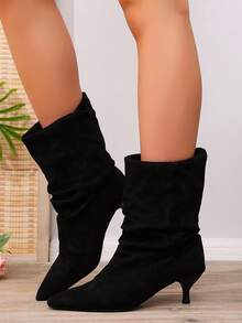 Black Solid Color Fashionable 2026 Kitten Heel High Heel Wedge Ankle Boots, Comfortable For Outdoor Winter Wear - Black - View 5