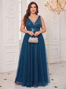 XUCTHHC Plus Size V-Neck Sleeveless Elegant Party Floral Embroidery Sequin Mesh Evening Gown, Suitable For Bridesmaid Dress, Wedding Guest, Formal Occasions, Autumn Style - Teal Blue - View 5