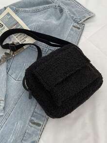 Black Teddy Fleece Mini Crossbody Bag, Simple Versatile Fuzzy Square Bag, Autumn/Winter New Style, Multi-Pocket Lightweight Shoulder Bag, Daily Travel Carry-On Small Bag - Multicolor - View 4