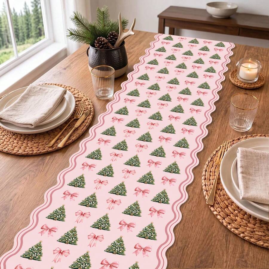 1 Pc Polyester Christmas Table Runner, Pink Coquette Xmas Tree & Bow Print Table Decor, Wavy Edge Festive Table Linen, For Dining Table, Kitchen, Holiday Banquet, Indoor Home Christmas Party Tabletop Decoration, 180*35cm - A - View 1