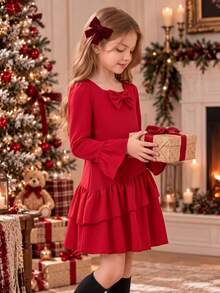Christmas Girls Dress Mid-Big Tween Girl 8-12 Years Old Festive Red Princess Dress Square Neck 3D Bow Flare Long Sleeve Ruffle Hem A-Line Skirt For Outing, Party, Performance - Red - View 1