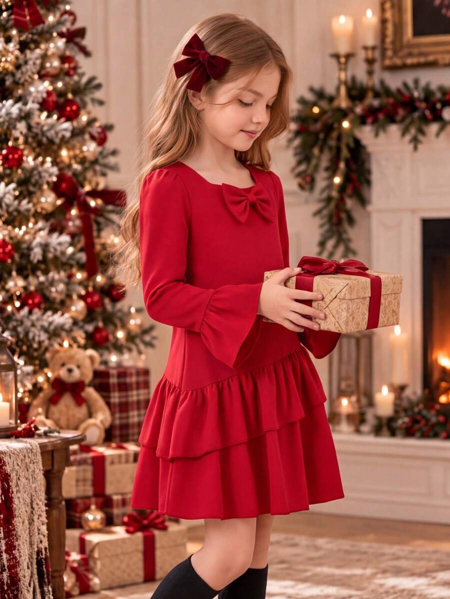 Christmas Girls Dress Mid-Big Tween Girl 8-12 Years Old Festive Red Princess Dress Square Neck 3D Bow Flare Long Sleeve Ruffle Hem A-Line Skirt For Outing, Party, Performance - Red - View 1