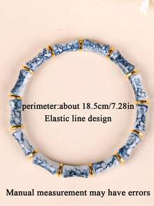 3pcs Women's Antique Style Glass Beaded Bracelets, Blue White Porcelain Pattern Beads With Golden Color CCB Accents, Retro Stackable Jewelry - Blue and White - View 3