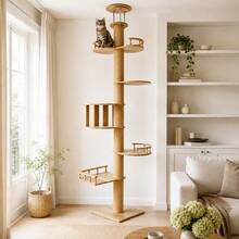 Floor‑To‑Ceiling Solid Wood Cat Tree Tower, Multi‑Level Platforms & Perches, Natural Sisal Scratching Post, Stable Height‑Adjustable Cat Activity Furniture For Indoor Cats - Beige - View 10