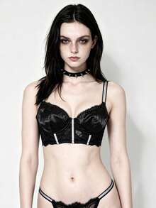 Lounge Court 1 Set Women's Solid Color Lace & Silver Wire Underwire Comfortable Bra Set - Black - View 2