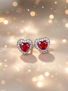 S925 Sterling Silver Red Heart Stud Earrings, Elegantly Inlaid Sparkling Zirconia Stone, Simple And Suitable For Women's Daily Wear - Silver - View 4
