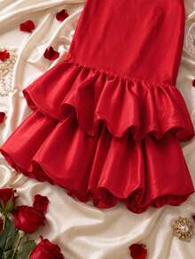 Plus Size Red Satin Fitted Mermaid Skirt, Elegant High Waist Double Layer Ruffle Flared Hem, Formal Occasion Church Wedding Guest Evening Dress - Red - View 7