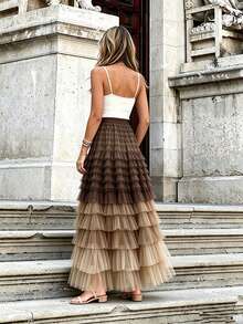 2026 French Fairy Aesthetic Multi-Layer Colorblock Mesh A-Line High Waist Layered Cake Skirt, Summer, Boho - Gradient Card - View 3