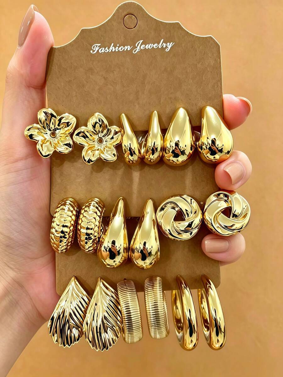 6-18pcs Gold Fashion Earrings Set, Stylish And Elegant, Suitable For Daily, Party And Event Occasions, Gift For Friends And Family (Lightweight CCB Material, Non-Fading) - Gold - View 1
