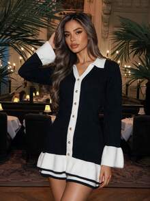 Vexica Women's Sexy Color Block Knit Mini Dress, Elegant Fall Long Sleeve Button Front Sweater Dress, Daily & Night Out Outfit - Black - View 5