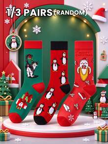 1/3 Pairs Random Color Unisex Christmas Socks, Cartoon Cat & Penguin Gift Pattern, Colorblock Cute Personalized Fashion Party Casual Mid-Calf Socks - Multicolor - View 14
