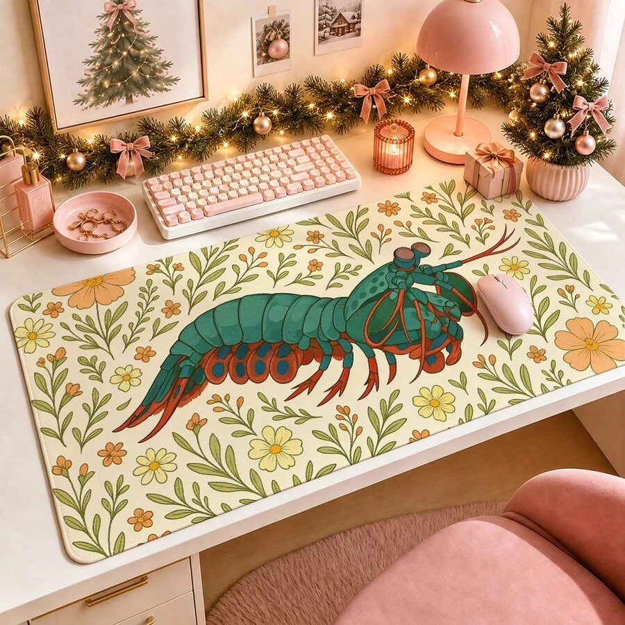 1pc Vintage Mantis Shrimp Floral Desk Mat, Multi-Purpose Makeup Nail Art Table Pad, Large Non Slip Desktop Protector S/M/L/XL - View 1