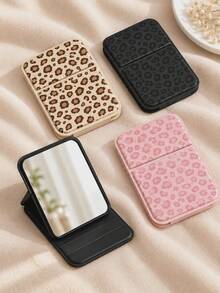 1Pc Leopard Print Portable Makeup Mirror, Foldable Rectangular Desktop Mirror, PU Leather Minimalist Handheld Folding Cosmetic Mirror, For Student Dormitory & Tabletop Use, Can Be Handheld Or Stand Placed,Ideal Christmas And New Year Gifts. - Multicolor - View 1