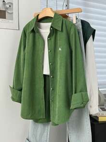 Women's Autumn/Winter Corduroy Front Button Embroidered Button Office Shirt - Green - View 6